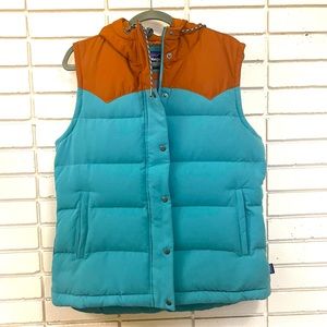 RARE Patagonia Hooded Bivy Down Vest Womens Large Mushroom Print Mogul Blue Rust